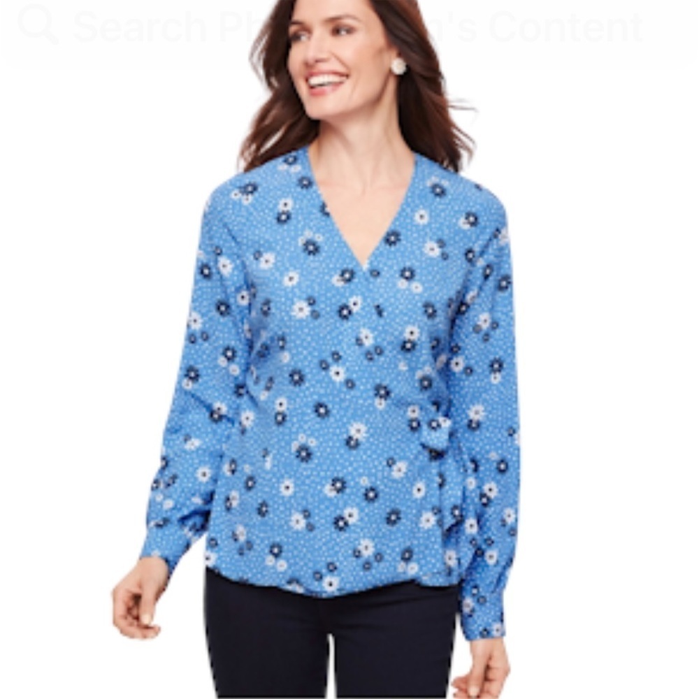 New Talbots Wrap top Large Petite Cottagecore Boho Flowers Dots Poet Sleeve